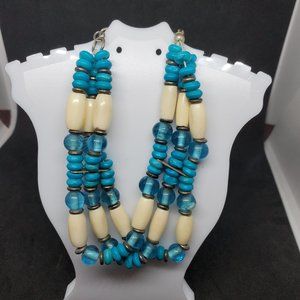 Wood Stone Glass Bead Layered Bracelet Silver Tone